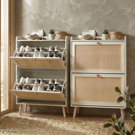 [White] Top open display shelf and upper compartment open in a styled room setting