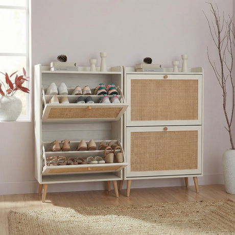 [White] Top open display shelf and upper compartment open in a styled room setting.