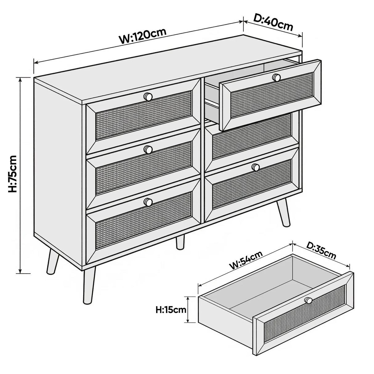 [White] Wovena wide chest dimension diagram showing 120cm width, 40cm depth, 75cm height and drawer sizes