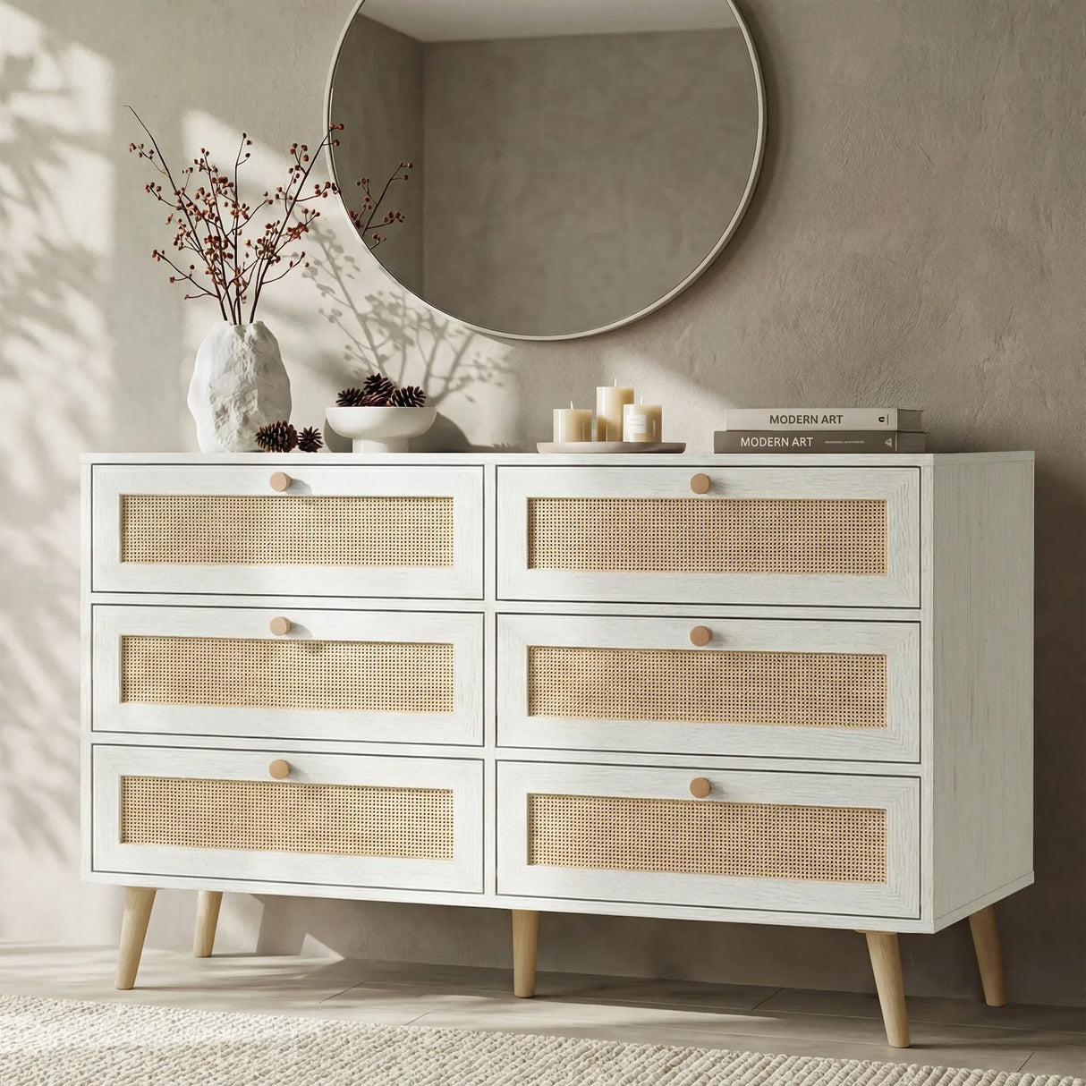 [White] Wovena wide chest front view beneath round wall mirror with cherry blossom vase and candles on top