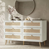 [White] Wovena wide chest front view beneath round wall mirror with cherry blossom vase and candles on top