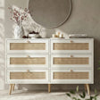 [White] Wovena rattan wide chest straight-on view showing six cane mesh panels in a 2x3 grid with pine legs