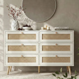 [White] Wovena rattan wide chest straight-on view showing six cane mesh panels in a 2x3 grid with pine legs