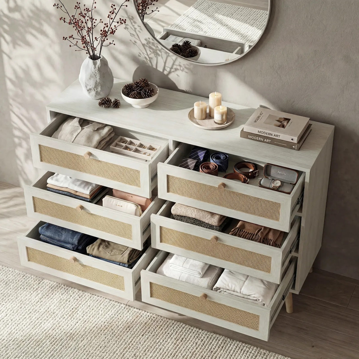 [White] Wovena wide chest with all six drawers pulled open revealing organised clothing, belts and accessories
