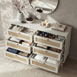 [White] Wovena wide chest with all six drawers pulled open revealing organised clothing, belts and accessories
