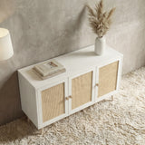 [White] Wovena Rattan 3 Door Sideboard - Adjustable Shelf White high-angle look showcasing its light wood-effect top surface.