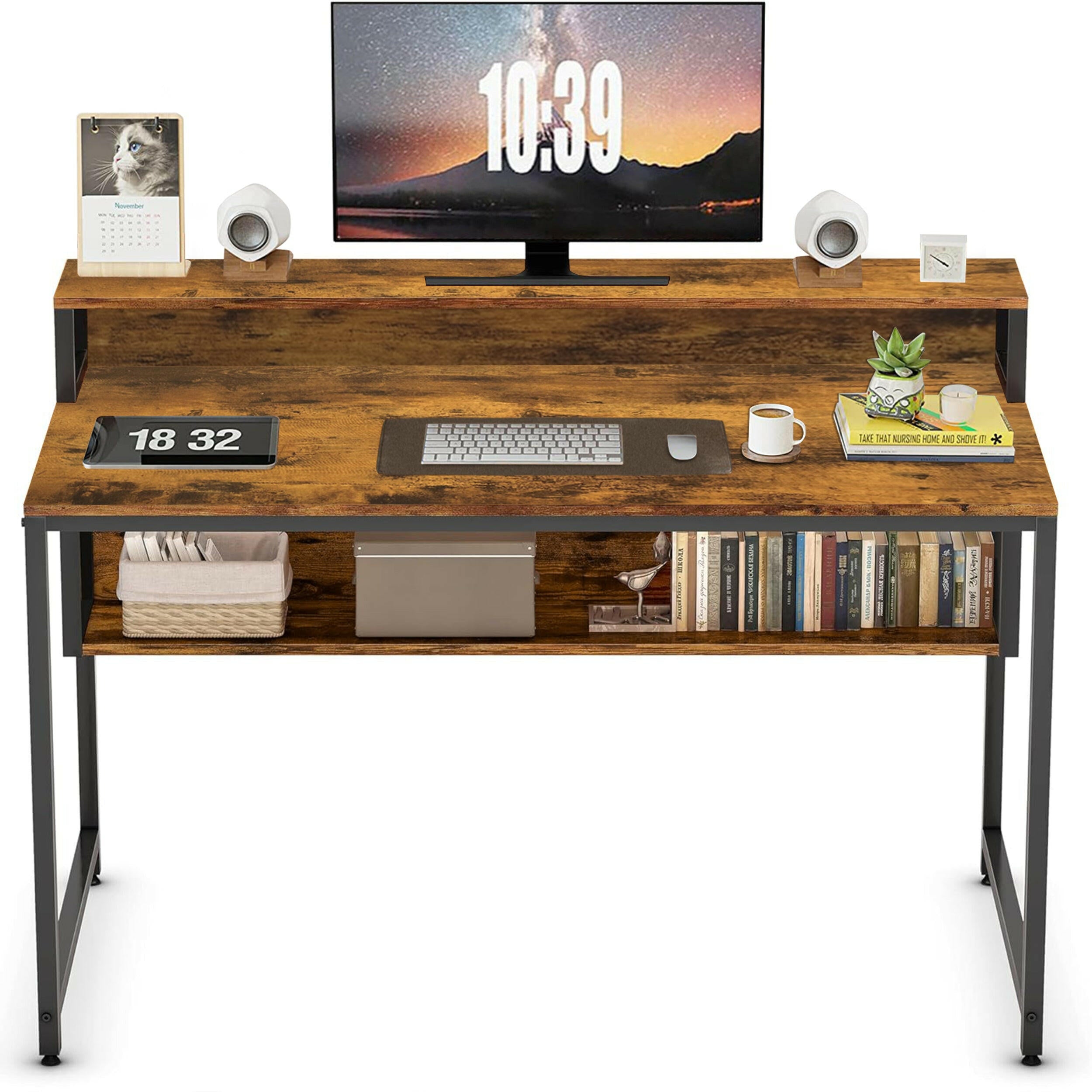 Rustic writing desk uk with a metal frame, featuring a monitor, keyboard, mouse.