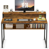 Rustic writing desk uk with a metal frame, featuring a monitor, keyboard, mouse.