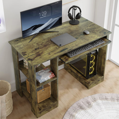 Home office computer desk with shelves in rustic wood finish, featuring a pull-out keyboard tray and storage space for PC, books, and accessories.