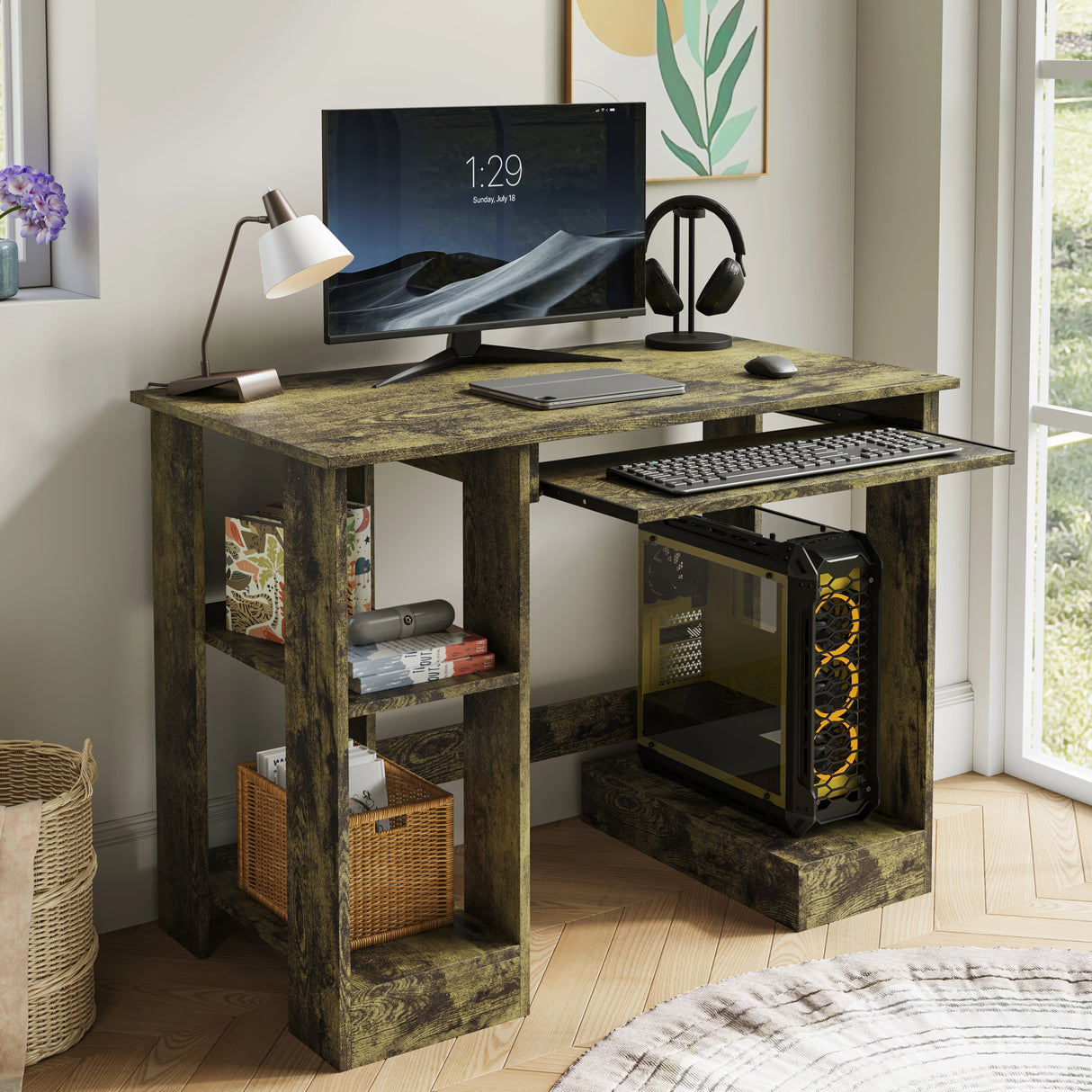 Home office computer desk with shelves in rustic wood finish, featuring a pull-out keyboard tray and storage space for PC, books, and accessories.
