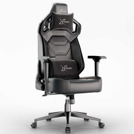 Xstriker Gaming Chair with ergonomic racing design, 4D armrests, lumbar and neck support in black faux leather. Ideal for long gaming or office sessions.