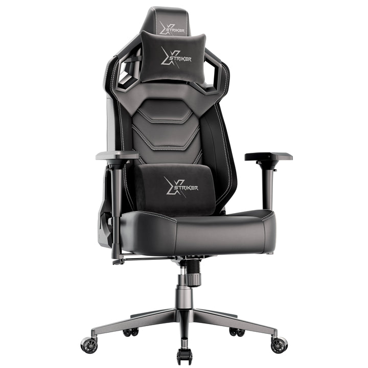 [Black] Black gaming chair with ergonomic lumbar pillow 'X-Striker' branding on a white background