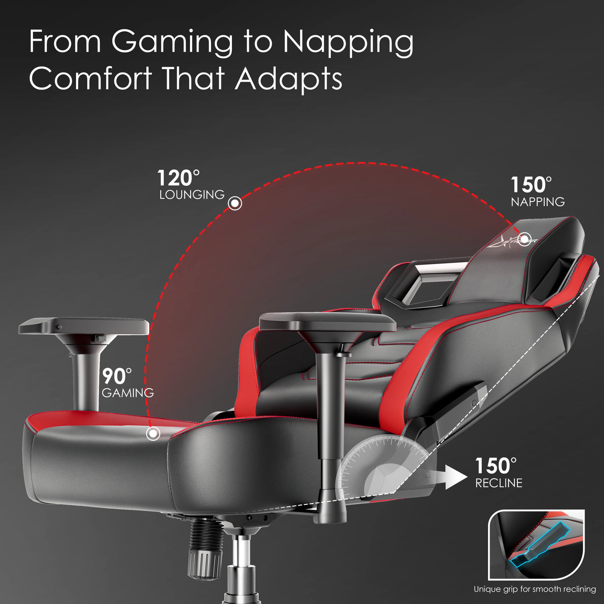 Xstriker Gaming Chair with ergonomic racing design reclines from 90° to 150°, featuring 4D armrests and lumbar support for gaming or napping comfort.