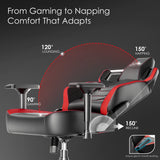 Xstriker Gaming Chair with ergonomic racing design reclines from 90° to 150°, featuring 4D armrests and lumbar support for gaming or napping comfort.