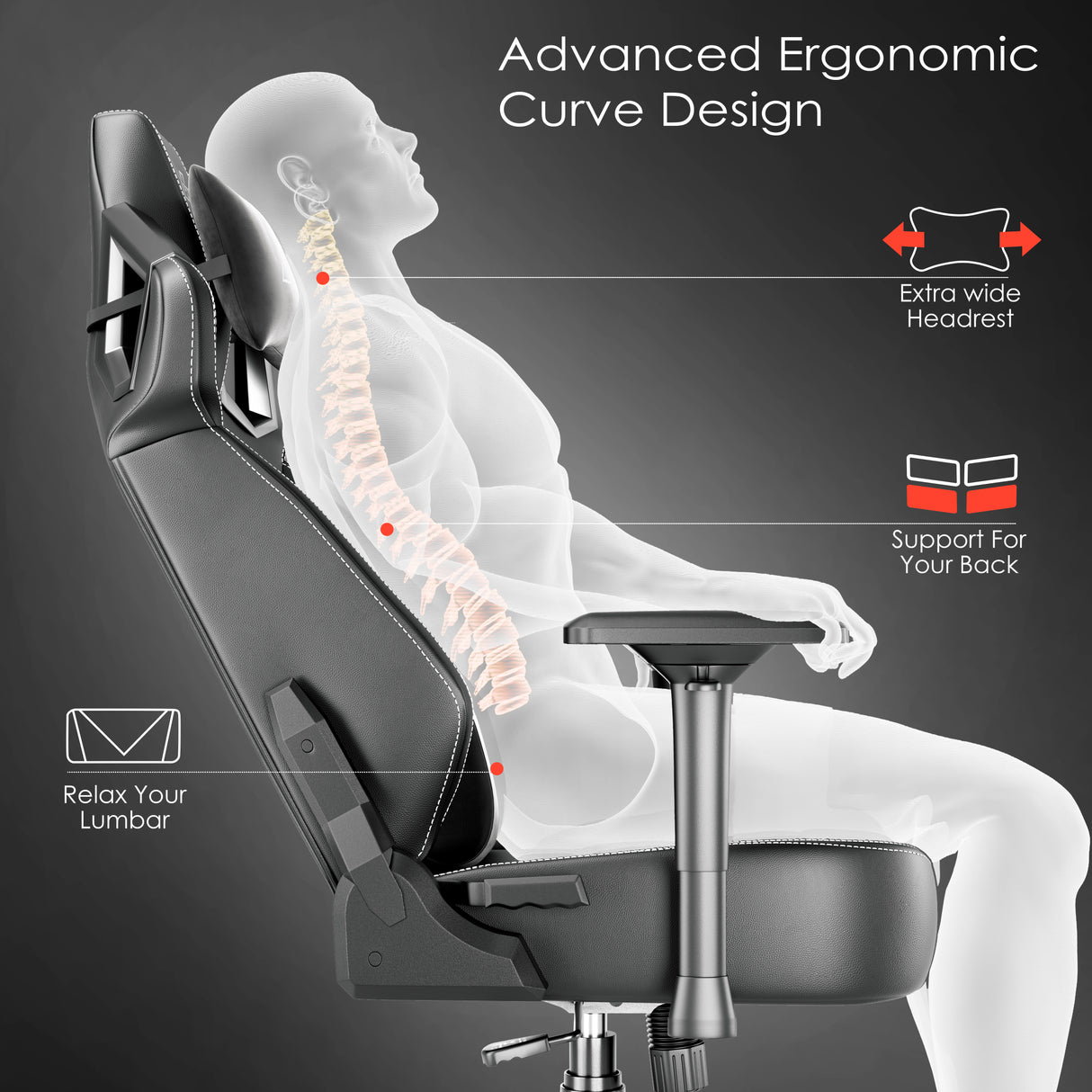 Xstriker Gaming Chair with ergonomic racing design, 4D armrest, lumbar support, and extra wide headrest for optimal back and neck comfort.