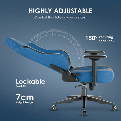 Xstriker blue gaming chair with 150° reclining back, lockable tilt, and 7cm height adjustment for ergonomic posture.