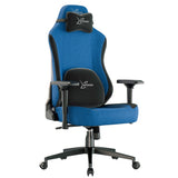 Blue Xstriker PC gaming chair with ergonomic lumbar and neck pillows, designed for comfort and back support.