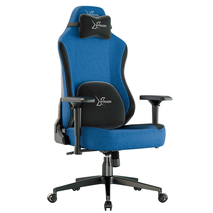 [Blue] Blue Xstriker PC gaming chair with ergonomic lumbar and neck pillows, designed for comfort and back support.