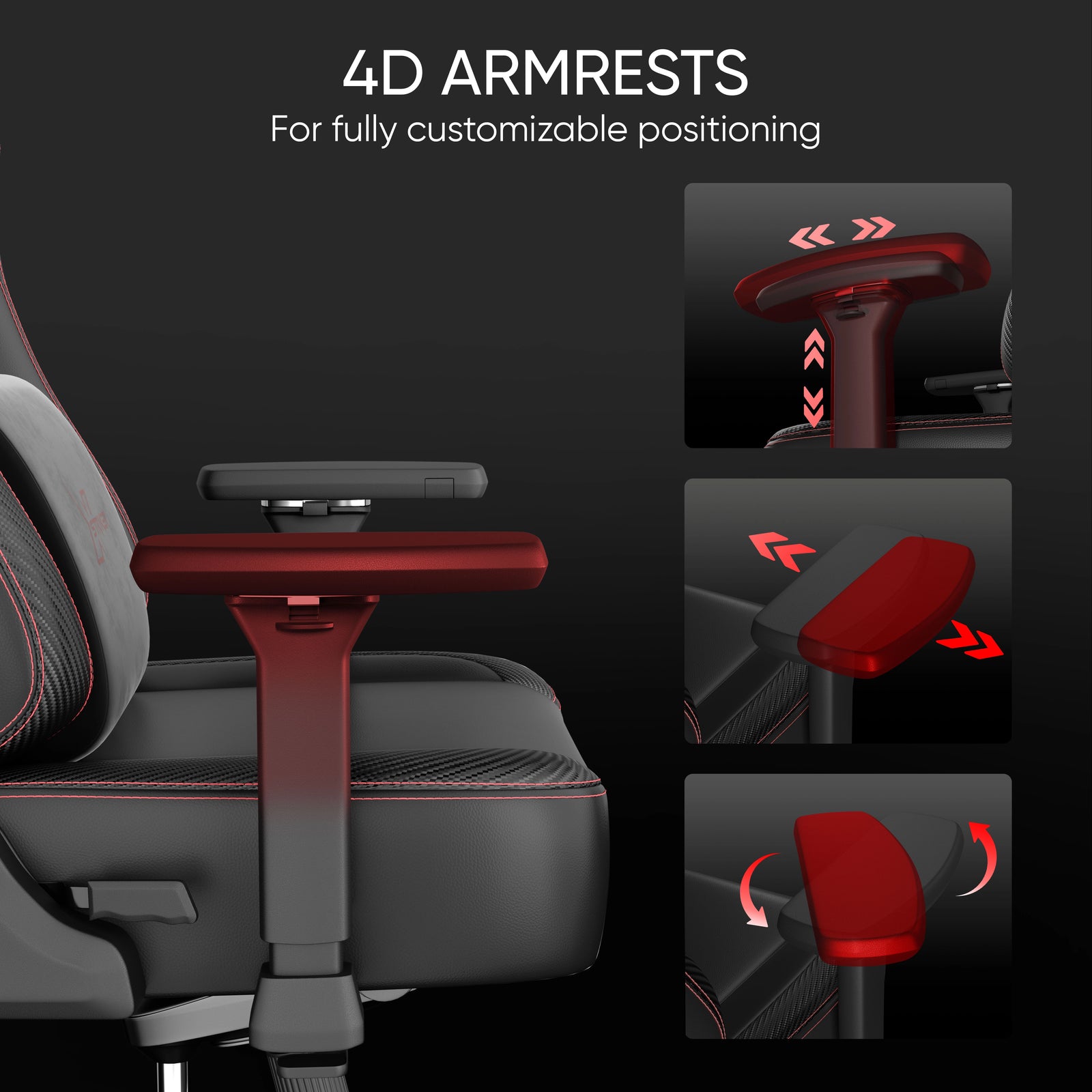 [Black] Xstriker High-Back Ergonomic Gaming Chair with Lumbar Support diagram showcasing the customizable 4D armrests.