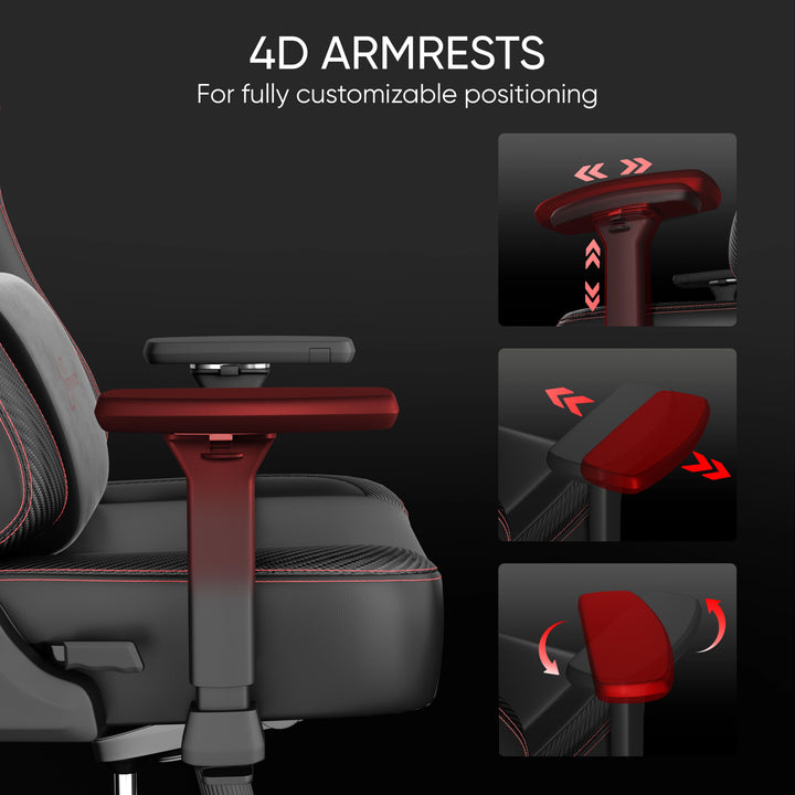 [Black] Xstriker High-Back Ergonomic Gaming Chair with Lumbar Support diagram showcasing the customizable 4D armrests.