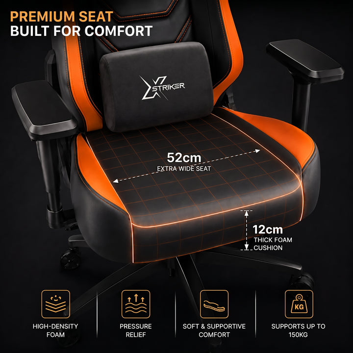 [Black + Orange] Xstriker High Back Ergonomic Gaming Chair graphic showing its 52cm wide seat and 12cm thick cushion.