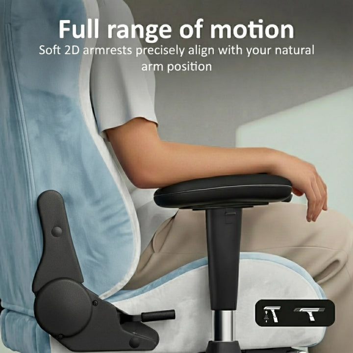 [Blue] Xstriker Velvet Gaming Chair with Footrest features soft 2D adjustable armrests for ergonomic arm alignment and full range of motion support.