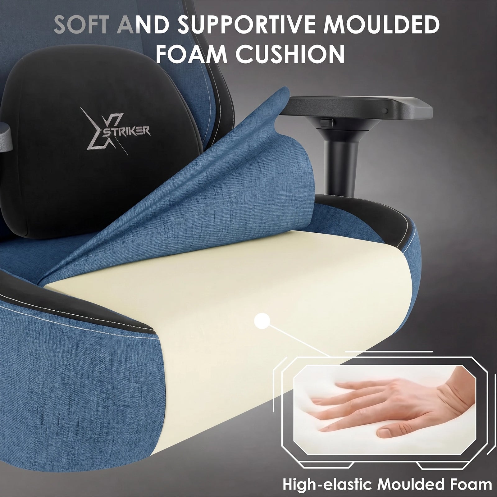 [Blue] Xstriker ergonomic home office chair with soft moulded foam cushion for superior comfort and support during long gaming or work sessions.
