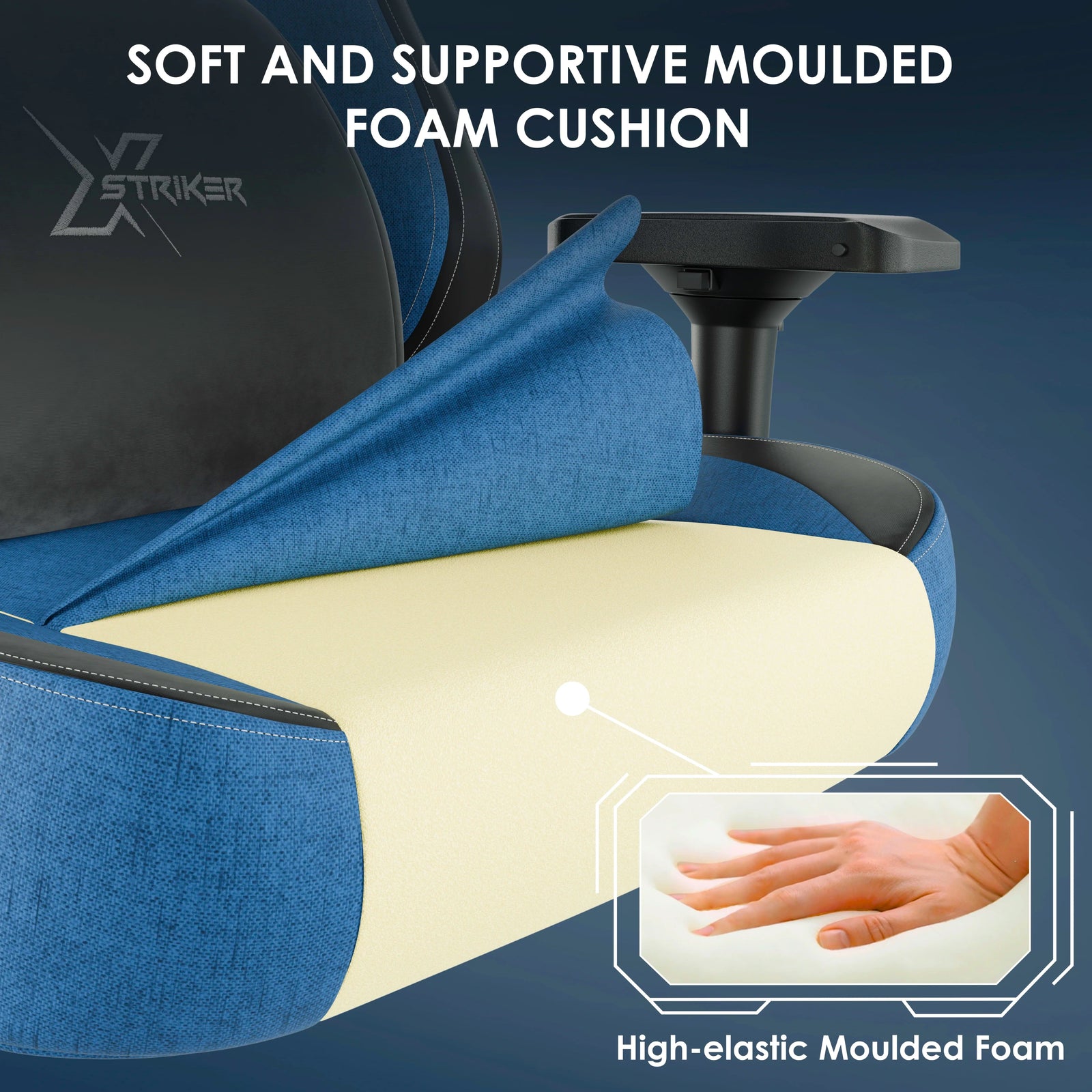 [Blue] Xstriker ergonomic home office chair with soft moulded foam cushion for superior comfort and support during long gaming or work sessions.