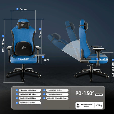 Detailed dimensions and reclining range of Xstriker blue ergonomic gaming chair with 150kg weight capacity.