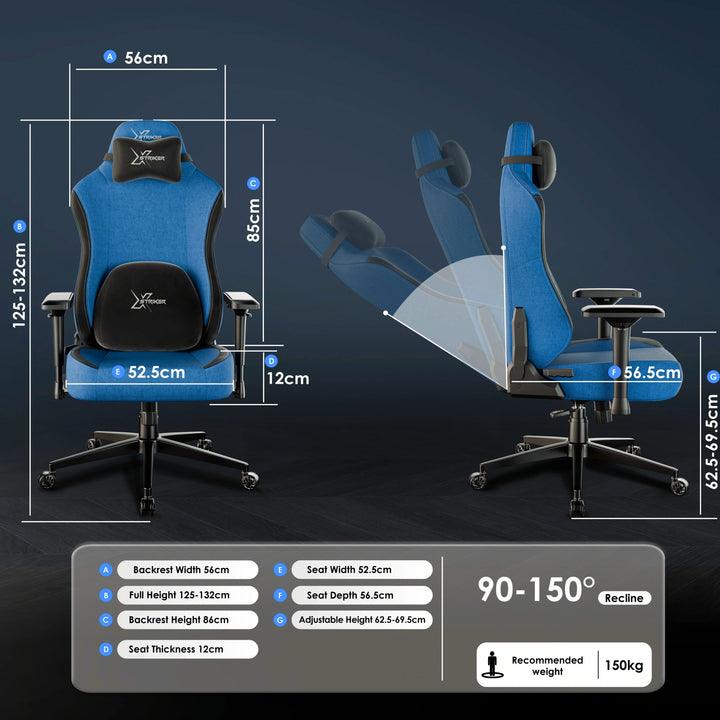 [Blue] Detailed dimensions and reclining range of Xstriker blue ergonomic gaming chair with 150kg weight capacity.