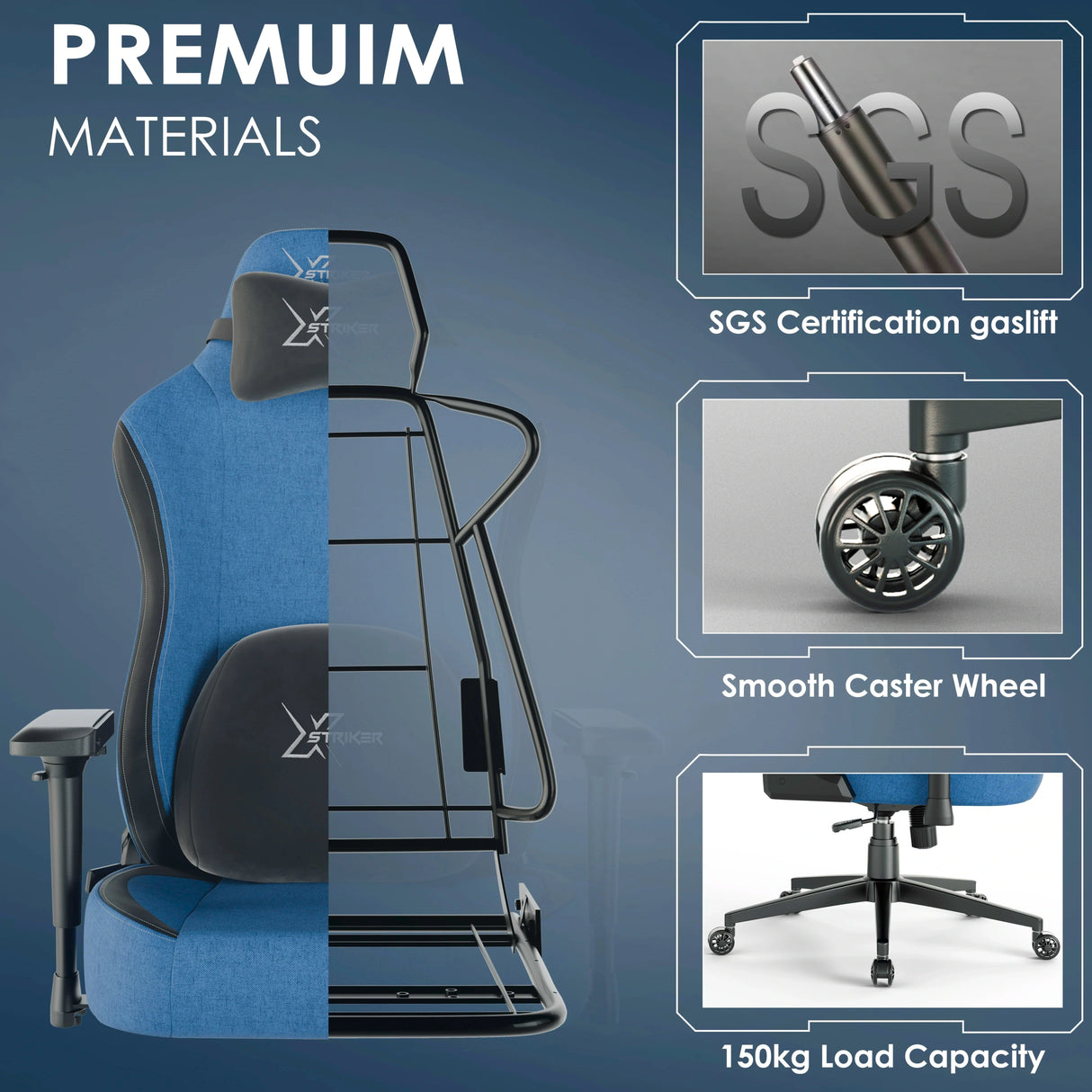 Xstriker gaming chair built with premium materials including SGS certified gaslift, smooth caster wheels, and 150kg load capacity frame.