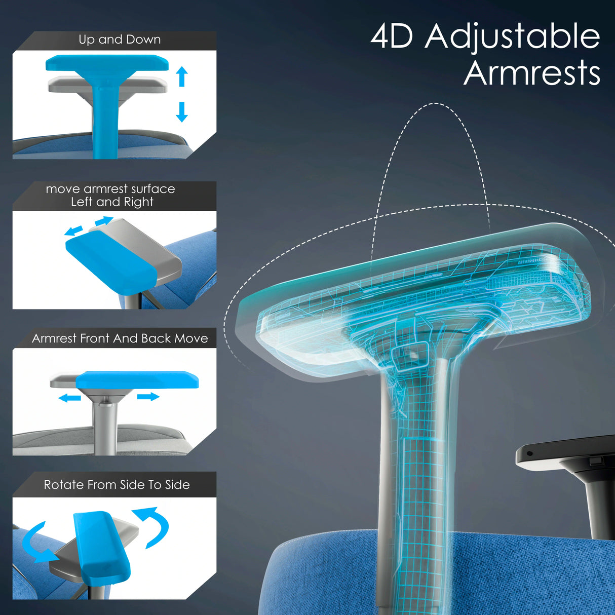 4D adjustable armrests on Xstriker blue gaming chair allow full customization for optimal arm and wrist support.