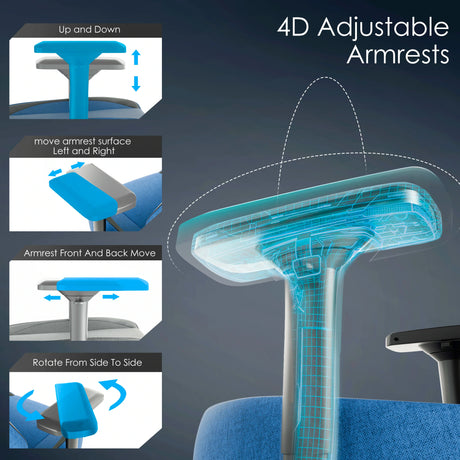 4D adjustable armrests on Xstriker blue gaming chair allow full customization for optimal arm and wrist support.