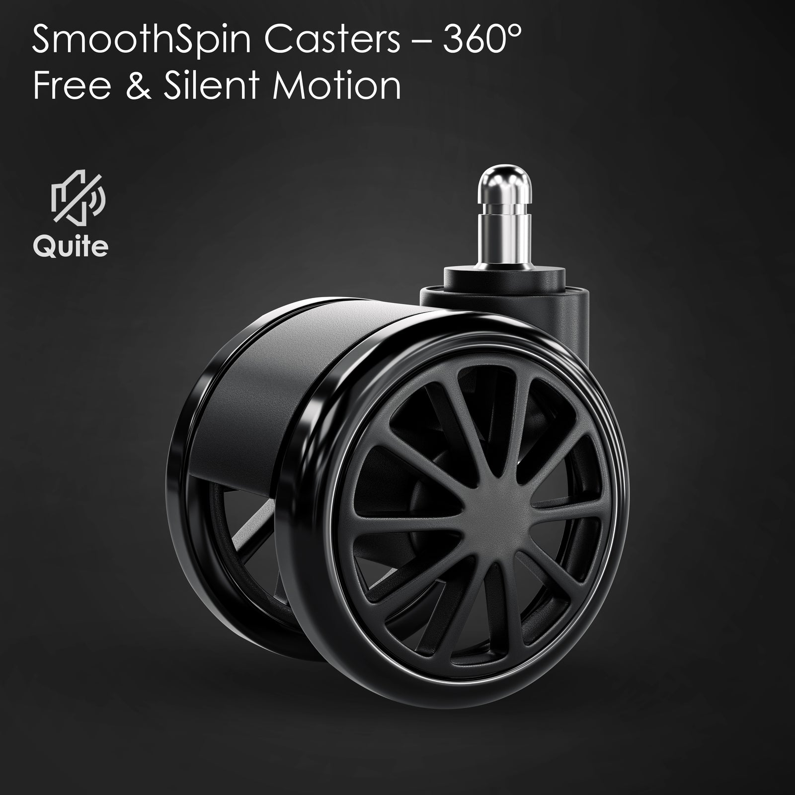 [Black] Close-up of Xstriker Gaming Chair SmoothSpin caster wheel with 360° swivel and silent motion, designed for ergonomic mobility and quiet performance.