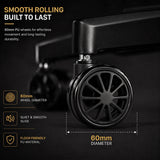 [Black] Close-up of a black rolling cart wheel with text callouts reading 60mm wheel diameter and 60mm diameter.