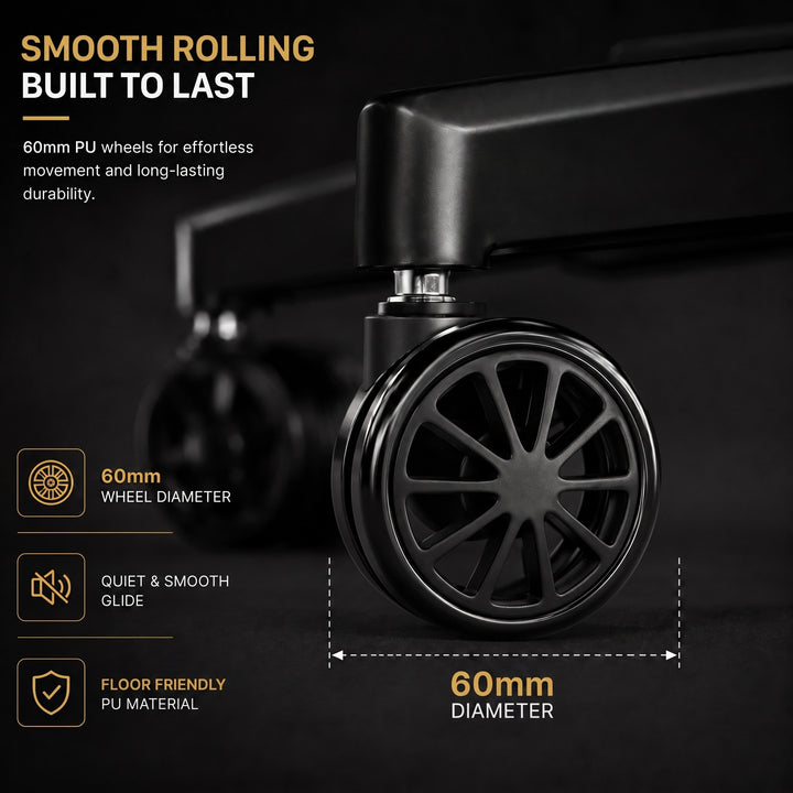 [Black] Close-up of a black rolling cart wheel with text callouts reading 60mm wheel diameter and 60mm diameter.