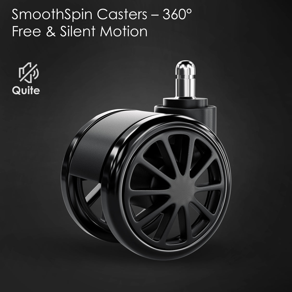 Close-up of Xstriker Gaming Chair SmoothSpin caster wheel with 360° swivel and silent motion, designed for ergonomic mobility and quiet performance.