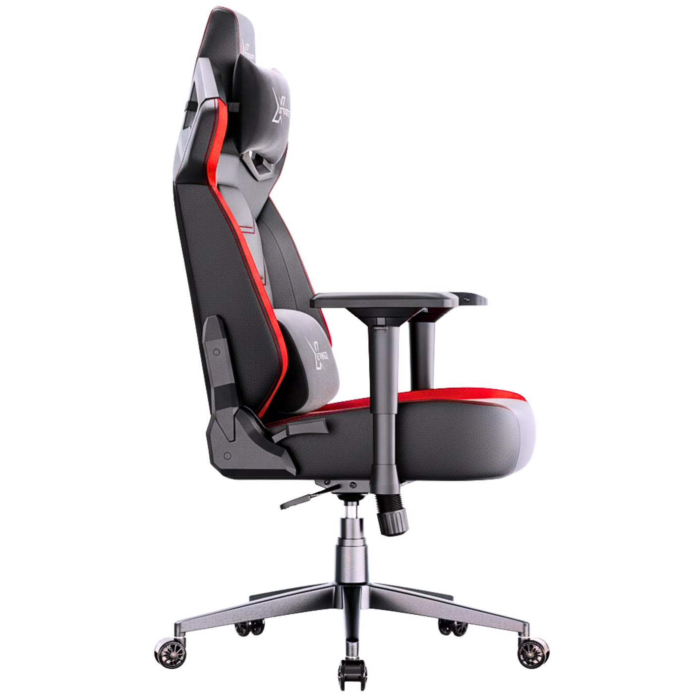 Xstriker High Back Gaming Chair with ergonomic design, 4D adjustable armrests, and lumbar support in black and red. Ideal for gaming or office use.