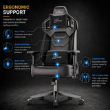 [Black] ergonomic gaming chair with lumbar support, with callout lines and text explaining pain relief features for neck, shoulder, back, lumbar, and hip/thigh pain.