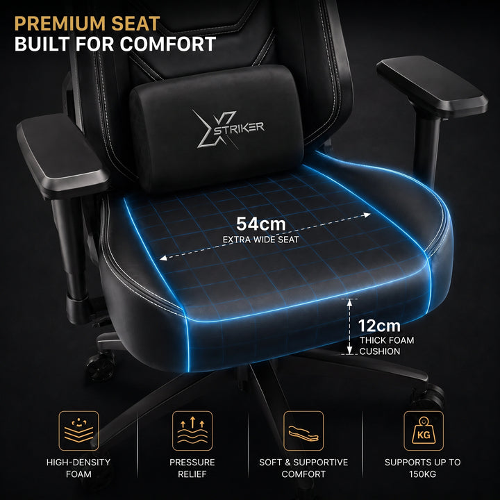 [Black] gaming chair with a lumbar support headrest and armrests featuring seat width of 54cm and cushion thickness of 12cm. Text at top reads 'PREMIUM SEAT BUILT FOR COMFORT'.