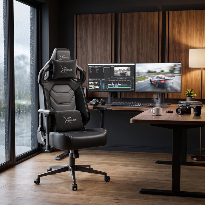 [Black] gaming chair in a modern home office setup next to a desk with dual computer monitors, wood panelling, and a large window.