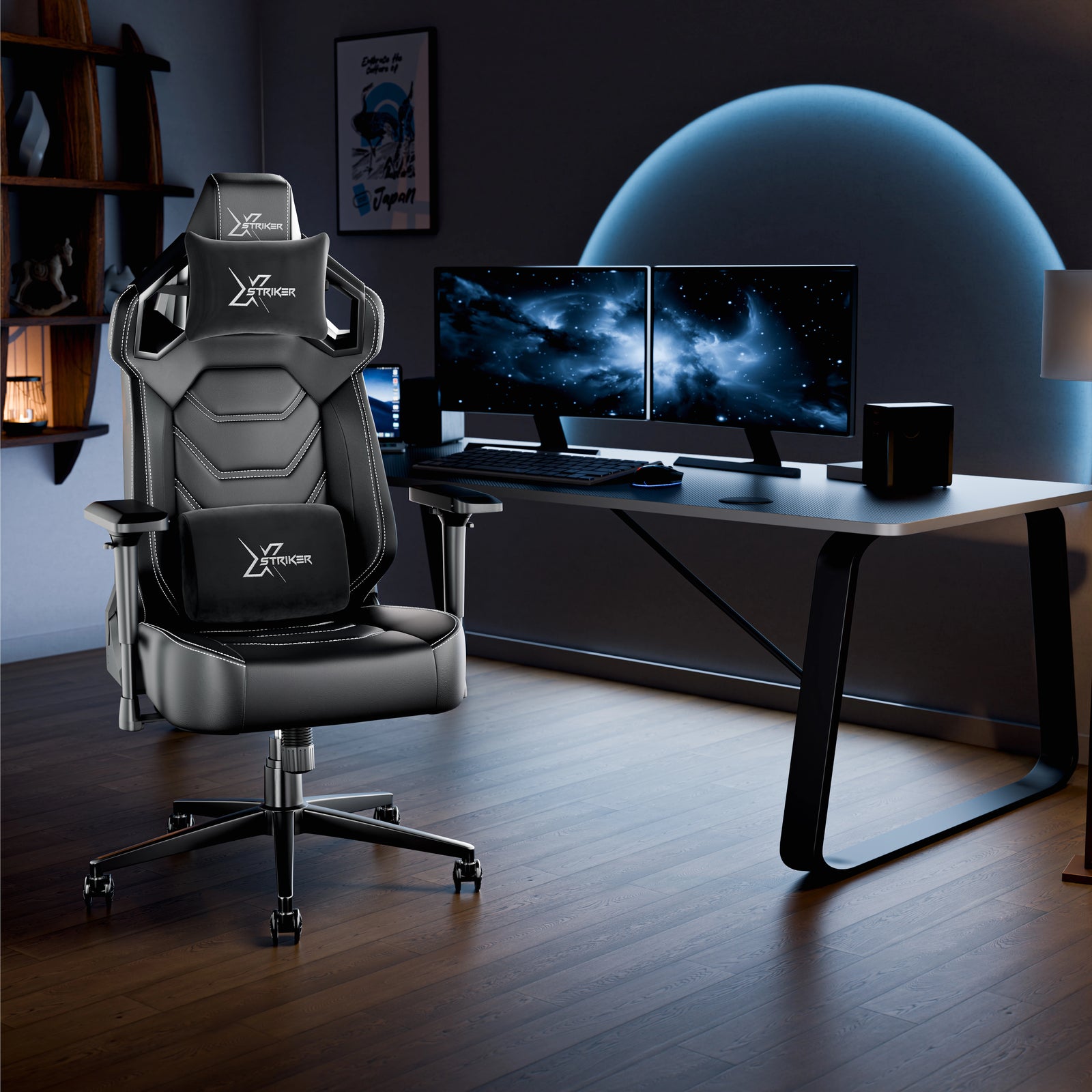 [Black] Xstriker Gaming Chair with ergonomic racing design and 4D armrest in black, placed in a modern gaming setup with dual monitors and LED lighting.