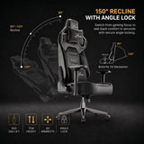 [Black] gaming chair shown on a dark background with feature callouts including 150° recline with angle lock, tilt mechanism, 365 gas lift, 7 cm height, 4D armrests, and angle lock.