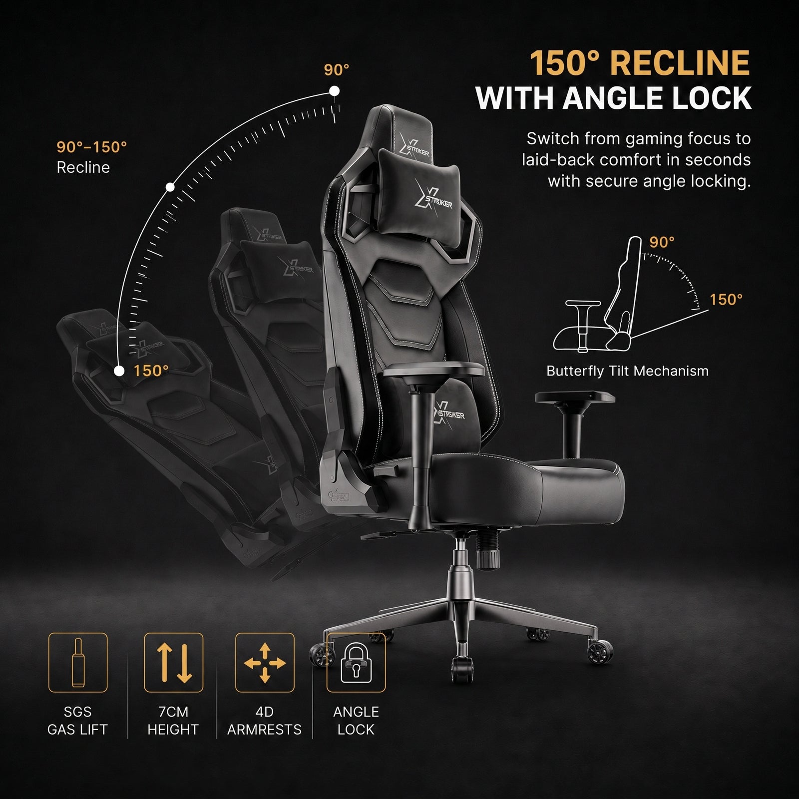 [Black] gaming chair shown on a dark background with feature callouts including 150° recline with angle lock, tilt mechanism, 365 gas lift, 7 cm height, 4D armrests, and angle lock.