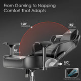 Xstriker Gaming Chair with ergonomic racing design reclines from 90° to 150° for gaming, lounging, and napping. Features 4D armrests and smooth tilt.