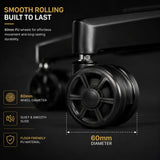 [Black + Red] Close-up of Xstriker Gaming Chair SmoothSpin caster wheel with 360° silent swivel design for smooth, noise-free movement on all surfaces.