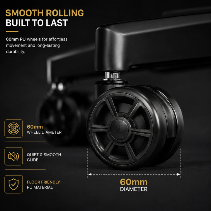[Black + Red] Close-up of Xstriker Gaming Chair SmoothSpin caster wheel with 360° silent swivel design for smooth, noise-free movement on all surfaces.