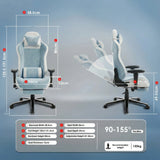 Xstriker Velvet Gaming Chair with Footrest in grey and white, featuring 90-155° recline, adjustable height, and ergonomic design with memory foam.