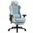 Xstriker Velvet Gaming Chair with Footrest in light blue and white, featuring ergonomic design, adjustable armrests, and reclining backrest.