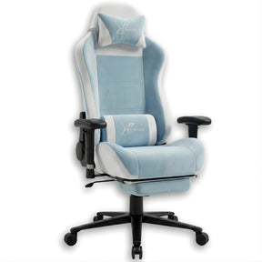 Xstriker Velvet Gaming Chair with Footrest in light blue and white, featuring ergonomic design, adjustable armrests, and reclining backrest.